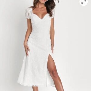 Altar’d State White Lace Midi Dress with Puff Sleeves